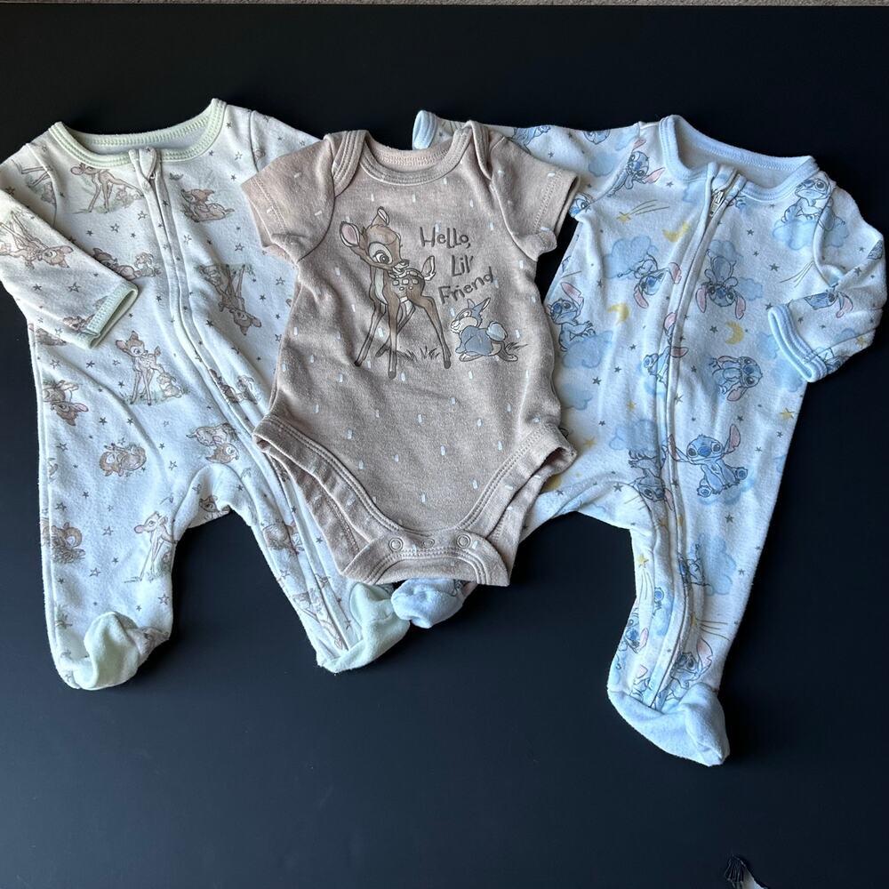 3 NB Newborn Outfits Disney Baby Bambi Stitch Footed Sleepers 0M Wishes Dreams